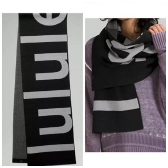 Lululemon NEW Logo Knit Merino Wool Scarf Wrap Long Cozy Warm Rare Black Gray - Picture 1 of 16